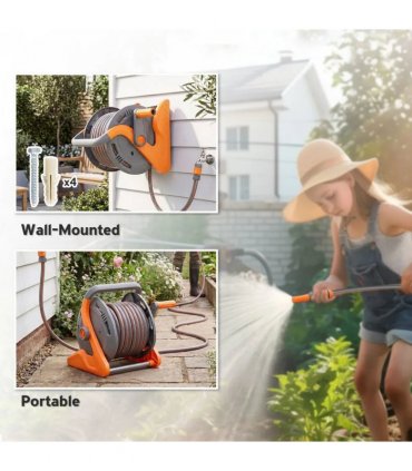 Outsunny Portable Garden Hose Reel, 20 m Wall Mounted Hose Reel with 2 Patterns Spray Nozzle and Crank Handle, Orange