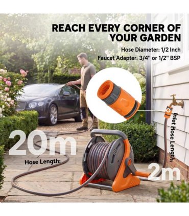 Outsunny Portable Garden Hose Reel, 20 m Wall Mounted Hose Reel with 2 Patterns Spray Nozzle and Crank Handle, Orange
