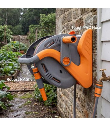 Outsunny Portable Garden Hose Reel, 20 m Wall Mounted Hose Reel with 2 Patterns Spray Nozzle and Crank Handle, Orange