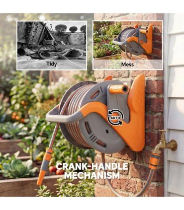 Outsunny Portable Garden Hose Reel, 20 m Wall Mounted Hose Reel with 2 Patterns Spray Nozzle and Crank Handle, Orange