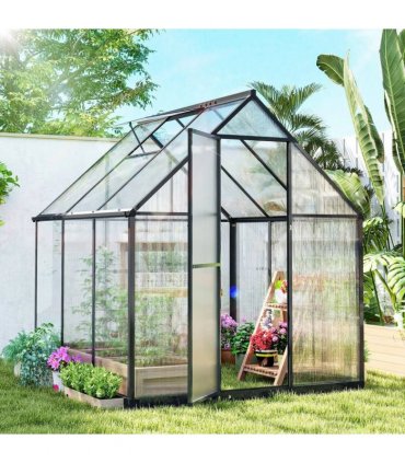Outsunny 6 x 5.5ft Polycarbonate Greenhouse, Quick Setup Walk in Green House, Push Door, Adjustable Roof Vent, Rain Gutter, Black