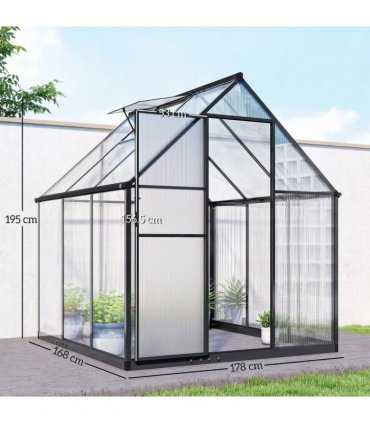 Outsunny 6 x 5.5ft Polycarbonate Greenhouse, Quick Setup Walk in Green House, Push Door, Adjustable Roof Vent, Rain Gutter, Black