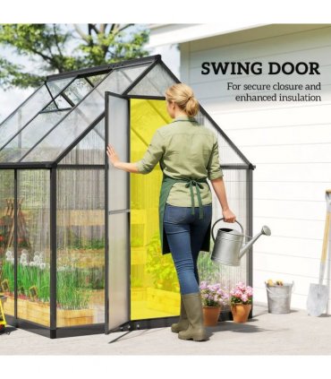 Outsunny 6 x 5.5ft Polycarbonate Greenhouse, Quick Setup Walk in Green House, Push Door, Adjustable Roof Vent, Rain Gutter, Black