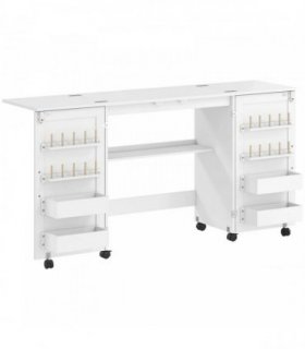HOMCOM Folding Sewing Table with 2 Magnetic Doors, Storage Shelf, Lockable Wheels, Space Saving, White