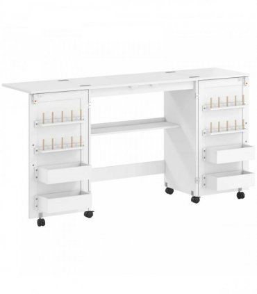 HOMCOM Folding Sewing Table with 2 Magnetic Doors, Storage Shelf, Lockable Wheels, Space Saving, White