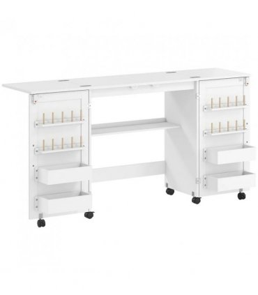 HOMCOM Folding Sewing Table with 2 Magnetic Doors, Storage Shelf, Lockable Wheels, Space Saving, White