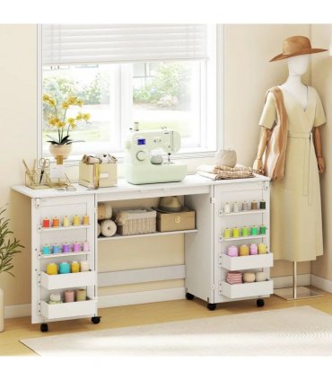 HOMCOM Folding Sewing Table with 2 Magnetic Doors, Storage Shelf, Lockable Wheels, Space Saving, White