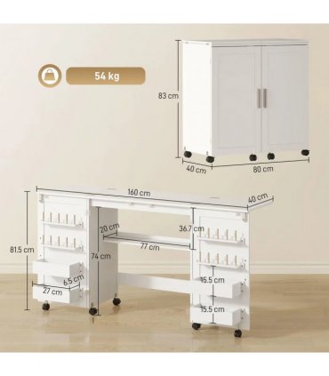 HOMCOM Folding Sewing Table with 2 Magnetic Doors, Storage Shelf, Lockable Wheels, Space Saving, White