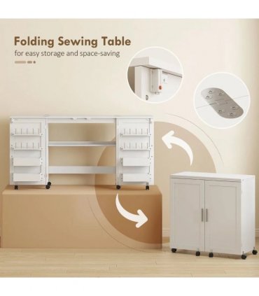 HOMCOM Folding Sewing Table with 2 Magnetic Doors, Storage Shelf, Lockable Wheels, Space Saving, White
