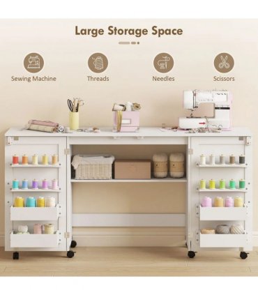 HOMCOM Folding Sewing Table with 2 Magnetic Doors, Storage Shelf, Lockable Wheels, Space Saving, White
