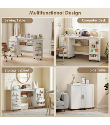 HOMCOM Folding Sewing Table with 2 Magnetic Doors, Storage Shelf, Lockable Wheels, Space Saving, White