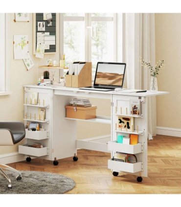 HOMCOM Folding Sewing Table with 2 Magnetic Doors, Storage Shelf, Lockable Wheels, Space Saving, White
