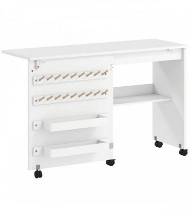 HOMCOM Folding Sewing Table, Rolling Craft Table with Storage compartments, Shelf and Lockable Casters for Small Spaces, White