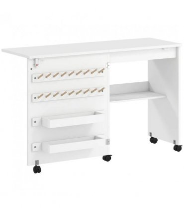 HOMCOM Folding Sewing Table, Rolling Craft Table with Storage compartments, Shelf and Lockable Casters for Small Spaces, White