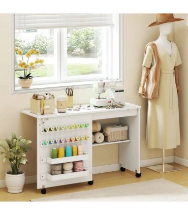 HOMCOM Folding Sewing Table, Rolling Craft Table with Storage compartments, Shelf and Lockable Casters for Small Spaces, White