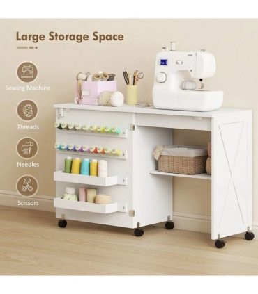 HOMCOM Folding Sewing Table, Rolling Craft Table with Storage compartments, Shelf and Lockable Casters for Small Spaces, White