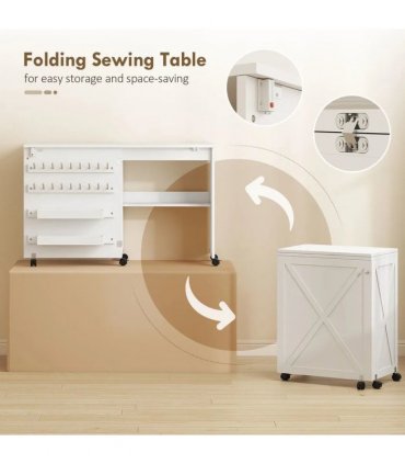 HOMCOM Folding Sewing Table, Rolling Craft Table with Storage compartments, Shelf and Lockable Casters for Small Spaces, White