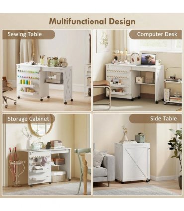 HOMCOM Folding Sewing Table, Rolling Craft Table with Storage compartments, Shelf and Lockable Casters for Small Spaces, White
