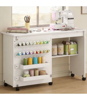 HOMCOM Folding Sewing Table, Rolling Craft Table with Storage compartments, Shelf and Lockable Casters for Small Spaces, White