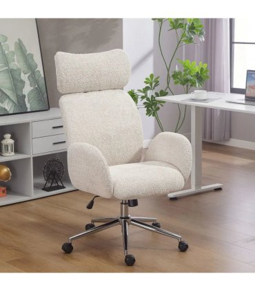 HOMCOM Office Chair with Adjustable Headrest, Spring Pack, Curved Line, Boucle Fabric - Pale Grey