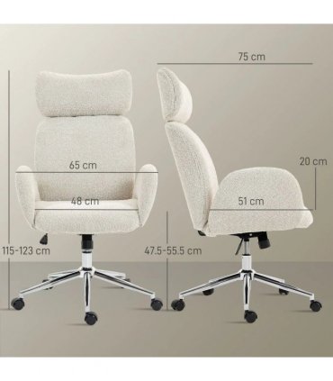 HOMCOM Office Chair with Adjustable Headrest, Spring Pack, Curved Line, Boucle Fabric - Pale Grey