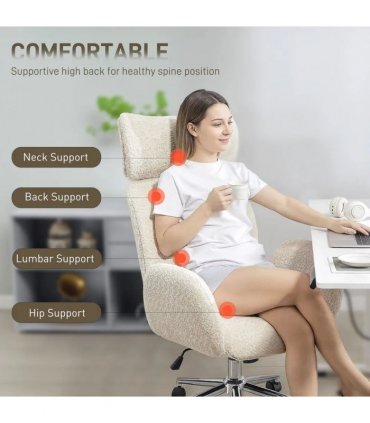 HOMCOM Office Chair with Adjustable Headrest, Spring Pack, Curved Line, Boucle Fabric - Pale Grey