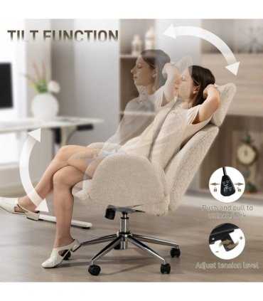 HOMCOM Office Chair with Adjustable Headrest, Spring Pack, Curved Line, Boucle Fabric - Pale Grey
