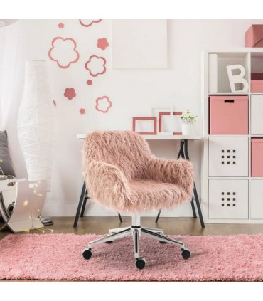 Vinsetto Faux Fur Desk Chair, Rolling Swivel Makeup Chair with Adjustable Height, Armrets for Home Office, Bedroom, Pink