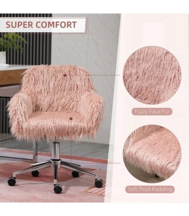 Vinsetto Faux Fur Desk Chair, Rolling Swivel Makeup Chair with Adjustable Height, Armrets for Home Office, Bedroom, Pink