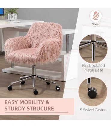Vinsetto Faux Fur Desk Chair, Rolling Swivel Makeup Chair with Adjustable Height, Armrets for Home Office, Bedroom, Pink