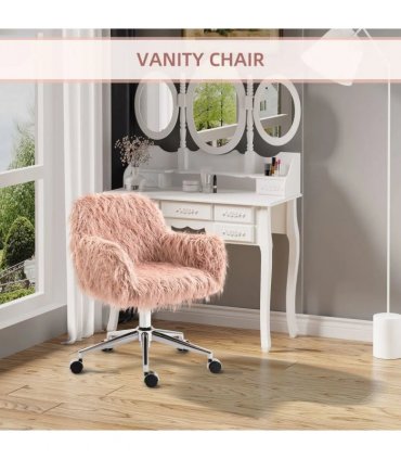 Vinsetto Faux Fur Desk Chair, Rolling Swivel Makeup Chair with Adjustable Height, Armrets for Home Office, Bedroom, Pink