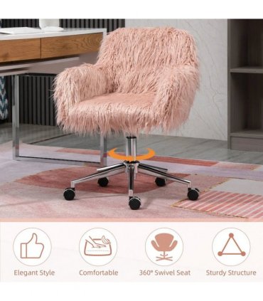 Vinsetto Faux Fur Desk Chair, Rolling Swivel Makeup Chair with Adjustable Height, Armrets for Home Office, Bedroom, Pink