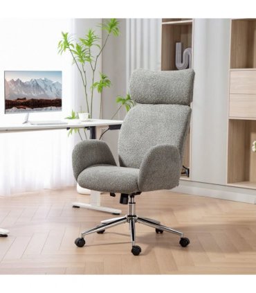 HOMCOM Office Chair with Adjustable Headrest, Spring Pack, Curved Line, Boucle Fabric - Charcoal Grey