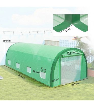 Outsunny 6 x 3(m) Polytunnel Greenhouse with Upgraded Structure, Mesh Door and Windows, 15 Plant Labels, Green