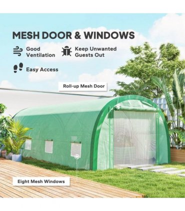 Outsunny 6 x 3(m) Polytunnel Greenhouse with Upgraded Structure, Mesh Door and Windows, 15 Plant Labels, Green
