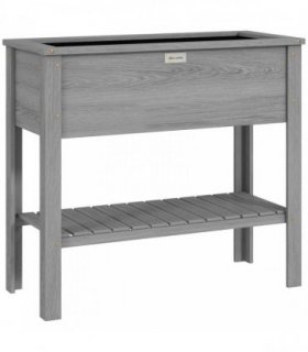 Outsunny Wooden Raised Garden Bed, Elevated Planter Box with Storage Shelf and Drainage Holes, Raised Planter with Legs, Grey