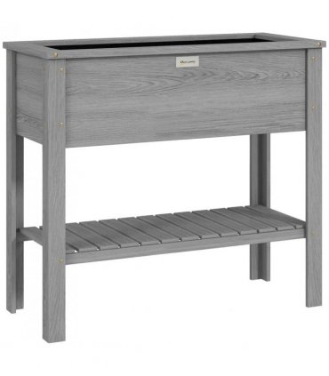 Outsunny Wooden Raised Garden Bed, Elevated Planter Box with Storage Shelf and Drainage Holes, Raised Planter with Legs, Grey