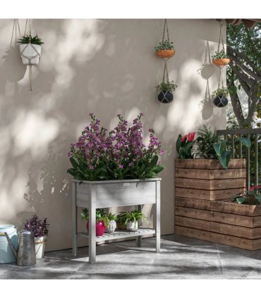 Outsunny Wooden Raised Garden Bed, Elevated Planter Box with Storage Shelf and Drainage Holes, Raised Planter with Legs, Grey