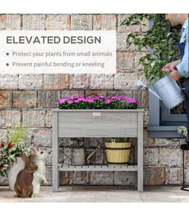 Outsunny Wooden Raised Garden Bed, Elevated Planter Box with Storage Shelf and Drainage Holes, Raised Planter with Legs, Grey