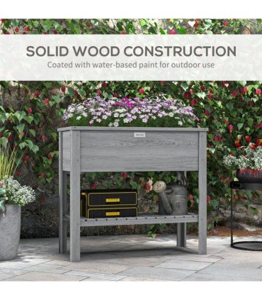 Outsunny Wooden Raised Garden Bed, Elevated Planter Box with Storage Shelf and Drainage Holes, Raised Planter with Legs, Grey