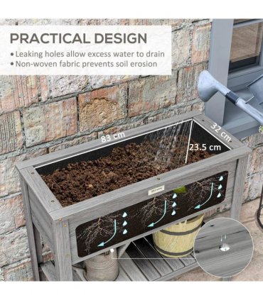 Outsunny Wooden Raised Garden Bed, Elevated Planter Box with Storage Shelf and Drainage Holes, Raised Planter with Legs, Grey