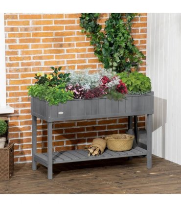 Outsunny Fir Wood Raised Rectangular 8 Compartment Plant Stand Dark Grey