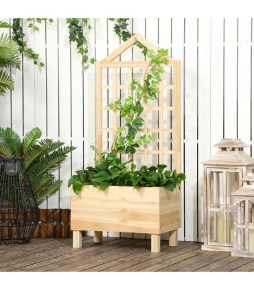 Outsunny Garden Planters with Trellis for Vine Climbing, Distressed Wooden Raised Beds, 90x43x150cm, Natural Tone