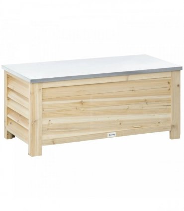 Outsunny 155L Outdoor Storage Box with Metal Top and Shutter Walls, Wooden Outside Tool organiser Container, for Garden, terrace