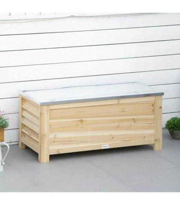 Outsunny 155L Outdoor Storage Box with Metal Top and Shutter Walls, Wooden Outside Tool organiser Container, for Garden, terrace