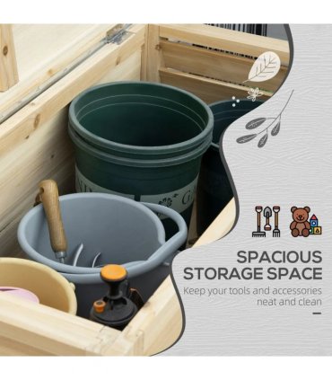 Outsunny 155L Outdoor Storage Box with Metal Top and Shutter Walls, Wooden Outside Tool organiser Container, for Garden, terrace