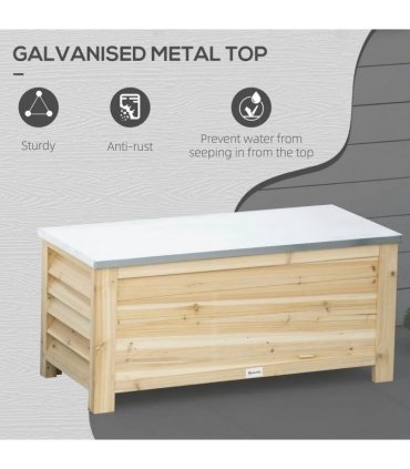 Outsunny 155L Outdoor Storage Box with Metal Top and Shutter Walls, Wooden Outside Tool organiser Container, for Garden, terrace