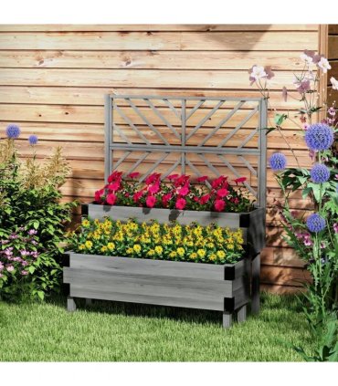 Outsunny Raised Garden Bed with Trellis, 2-Tier Wooden Elevated Planter Box  for Vegetables, Flowers, Herbs, Grey
