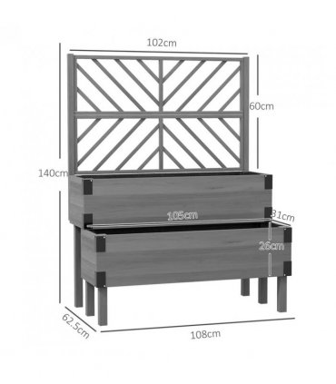 Outsunny Raised Garden Bed with Trellis, 2-Tier Wooden Elevated Planter Box  for Vegetables, Flowers, Herbs, Grey
