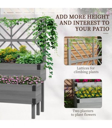 Outsunny Raised Garden Bed with Trellis, 2-Tier Wooden Elevated Planter Box  for Vegetables, Flowers, Herbs, Grey